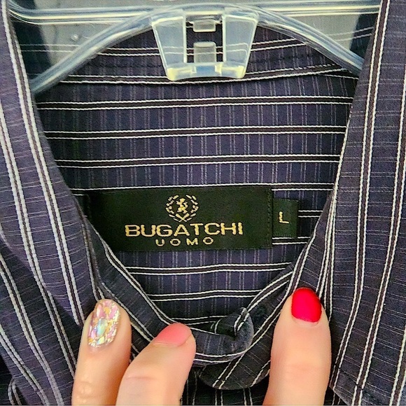 Bugatchi Navy and White Striped Long Sleeve Shirt Size Large - Picture 3 of 7